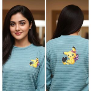 Women’s Textured Blue Sweatshirt with Cute Cartoon Print (XXL Size)